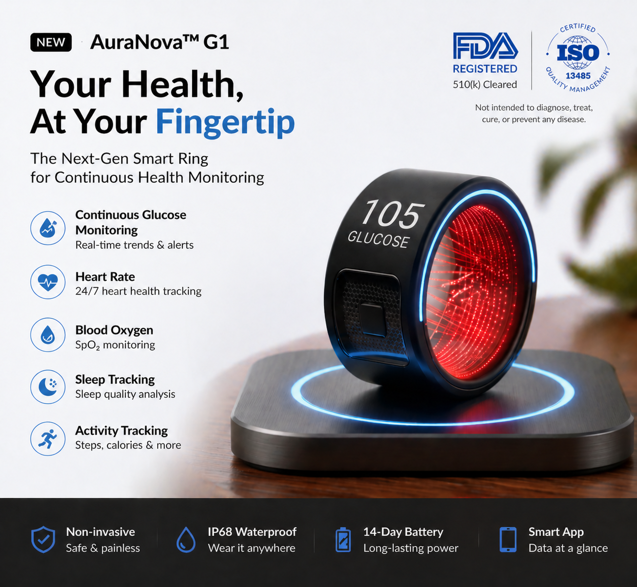 🎉 70% OFF Launch Offer🏆AuraNova™ G1 Non-Invasive Smart Ring+ AI-powered health companion on your finger